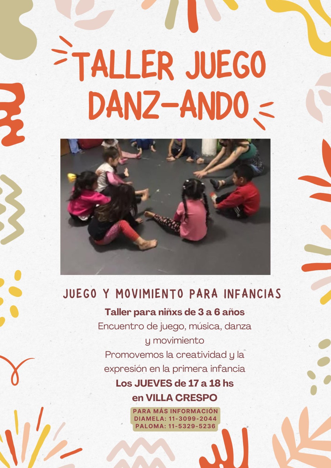 Niñxs bailando y jugando en el taller de Juego Danz-Ando